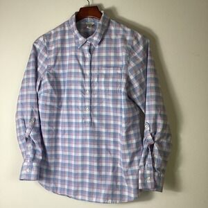 LL Bean‎ Half Button Pullover Hidden Women's Plaid Shirt Size Medium 100% Cotton